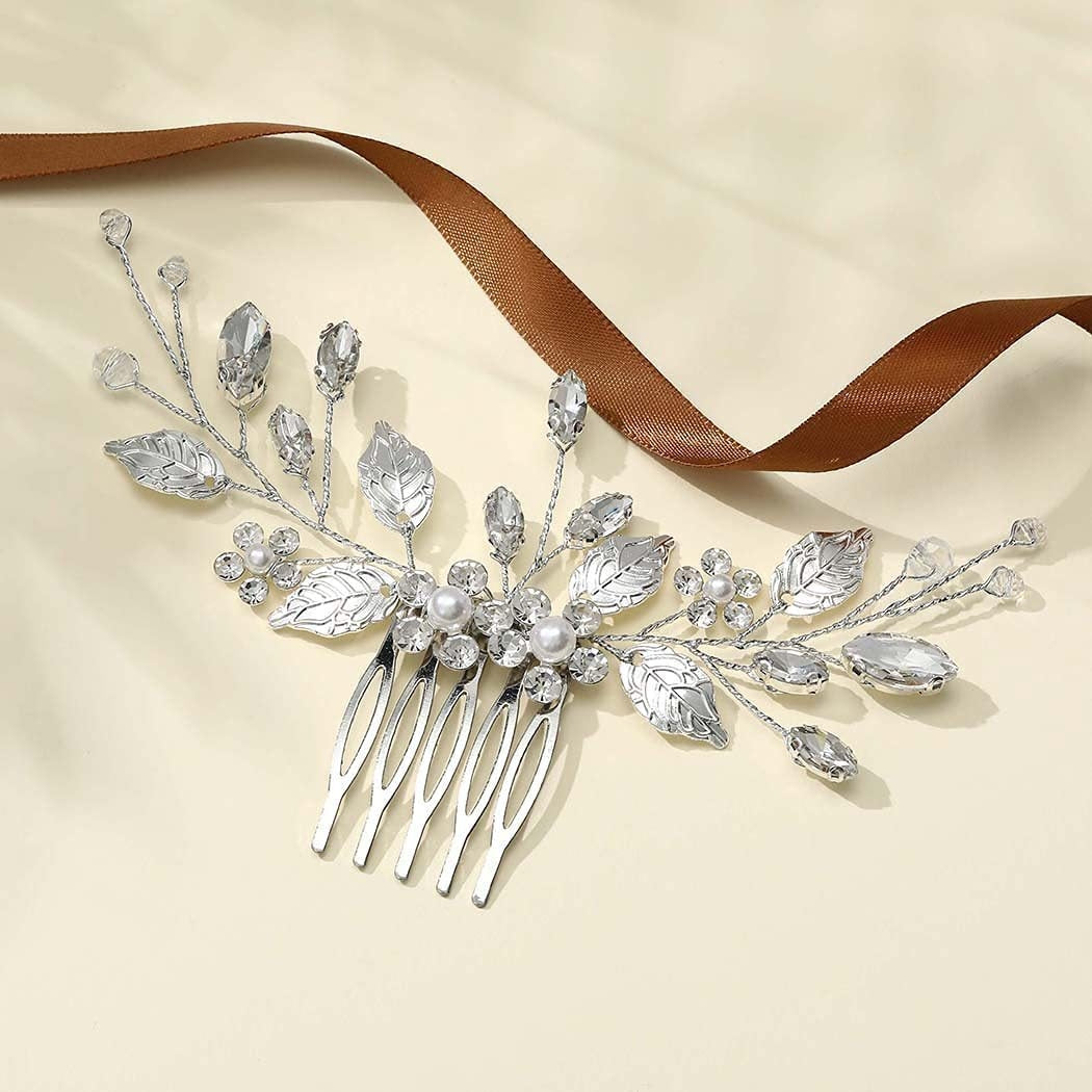 Silver Leaf Pearl Rhinestone Hair Comb for Women