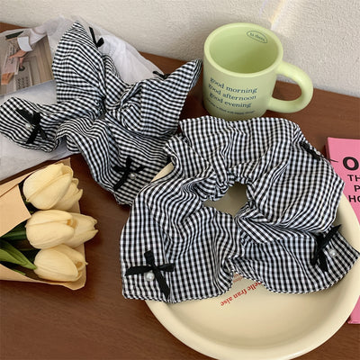 Korean Style Bow Knot Checkered Pearl Hair Tie and Scarf Set for Women