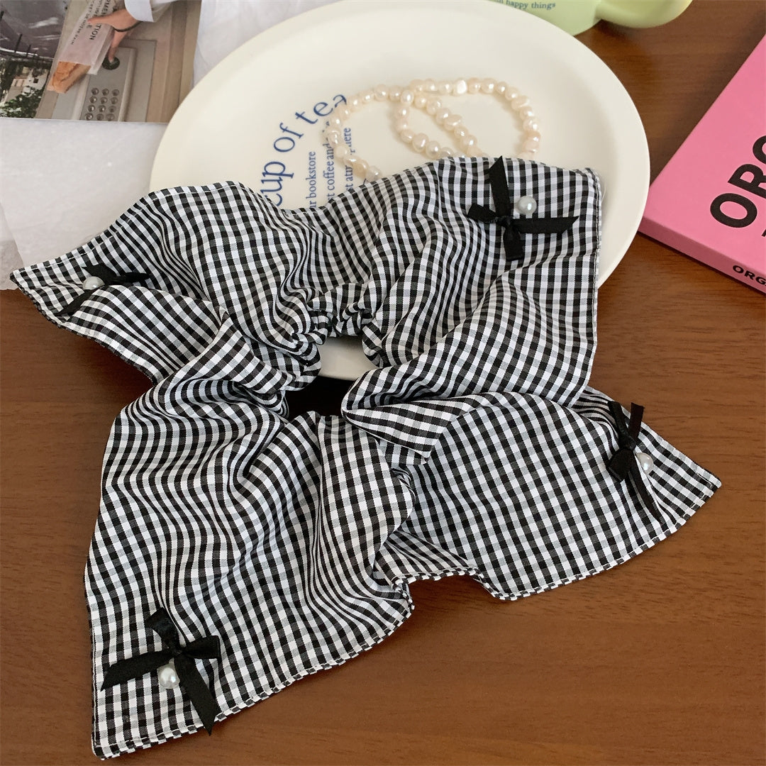 Korean Style Bow Knot Checkered Pearl Hair Tie and Scarf Set for Women