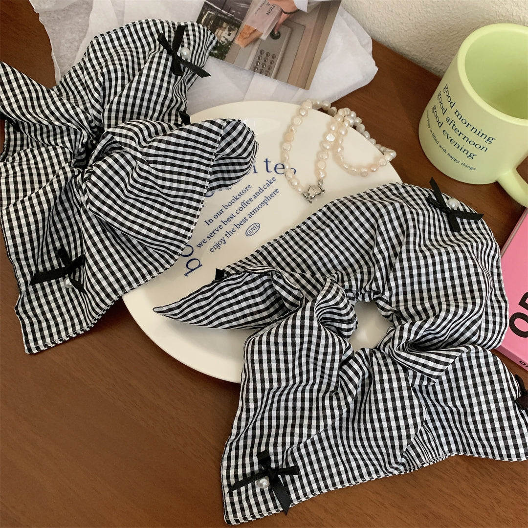 Korean Style Bow Knot Checkered Pearl Hair Tie and Scarf Set for Women