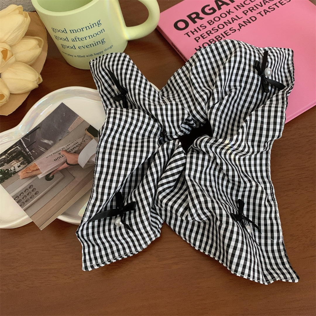 Korean Style Bow Knot Checkered Pearl Hair Tie and Scarf Set for Women