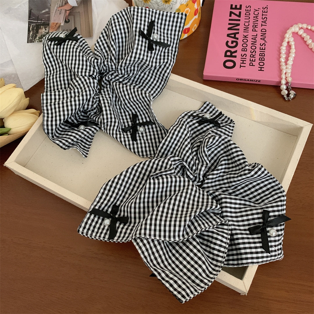 Korean Style Bow Knot Checkered Pearl Hair Tie and Scarf Set for Women