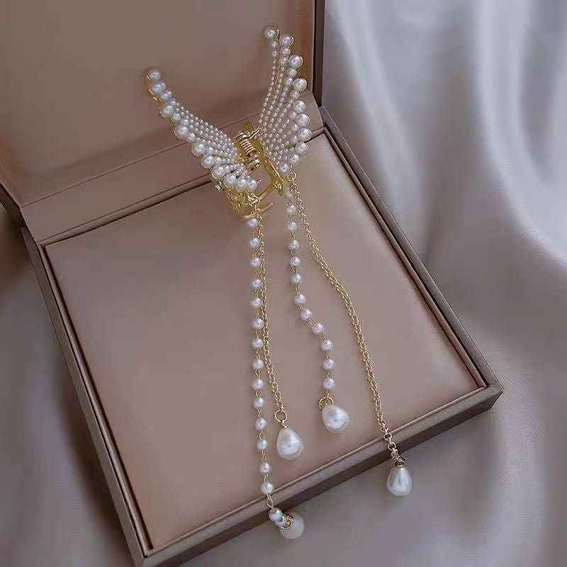 Women's Butterfly Pearl Rhinestone Hair Claw Clip