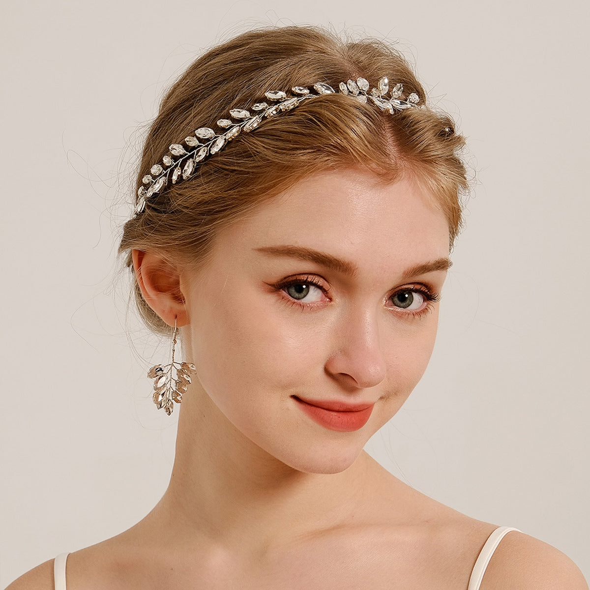 Women's Leaf Rhinestone Copper Bridal Headpiece and Earring Set