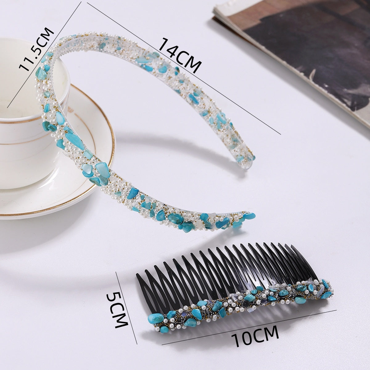 Women's Colorful Stone Hair Band with Artificial Pearl Inlay and Floral Plastic Hair Combs