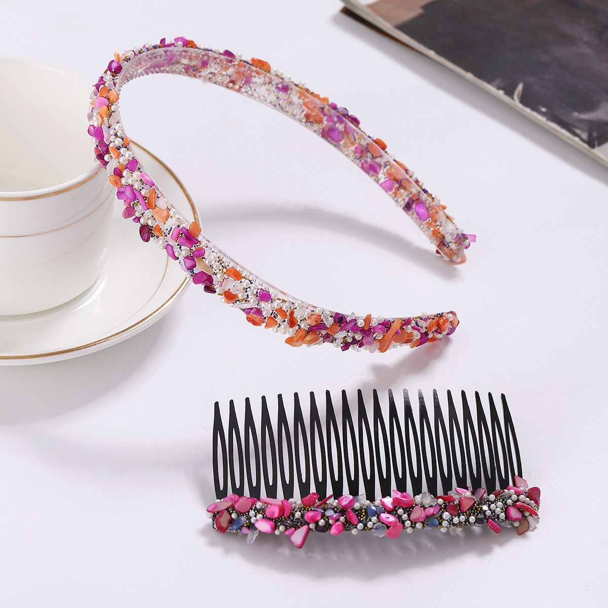 Women's Colorful Stone Hair Band with Artificial Pearl Inlay and Floral Plastic Hair Combs
