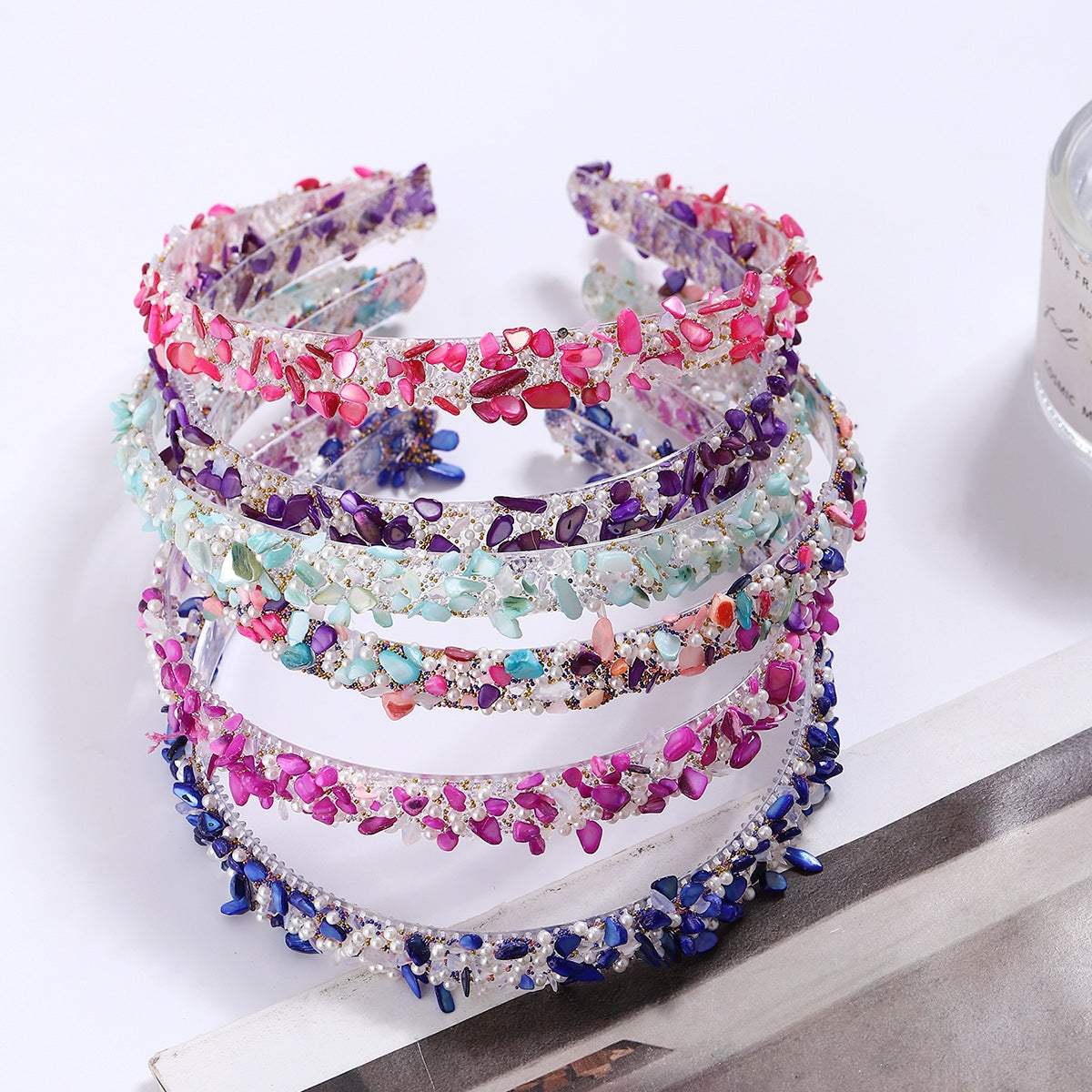Women's Colorful Stone Hair Band with Artificial Pearl Inlay and Floral Plastic Hair Combs