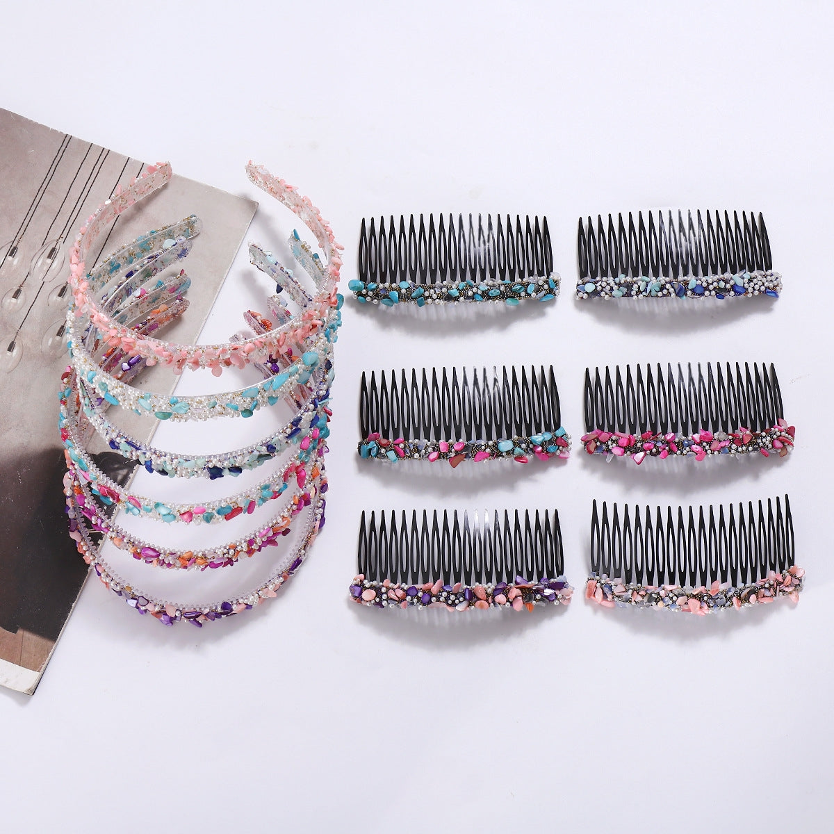 Women's Colorful Stone Hair Band with Artificial Pearl Inlay and Floral Plastic Hair Combs