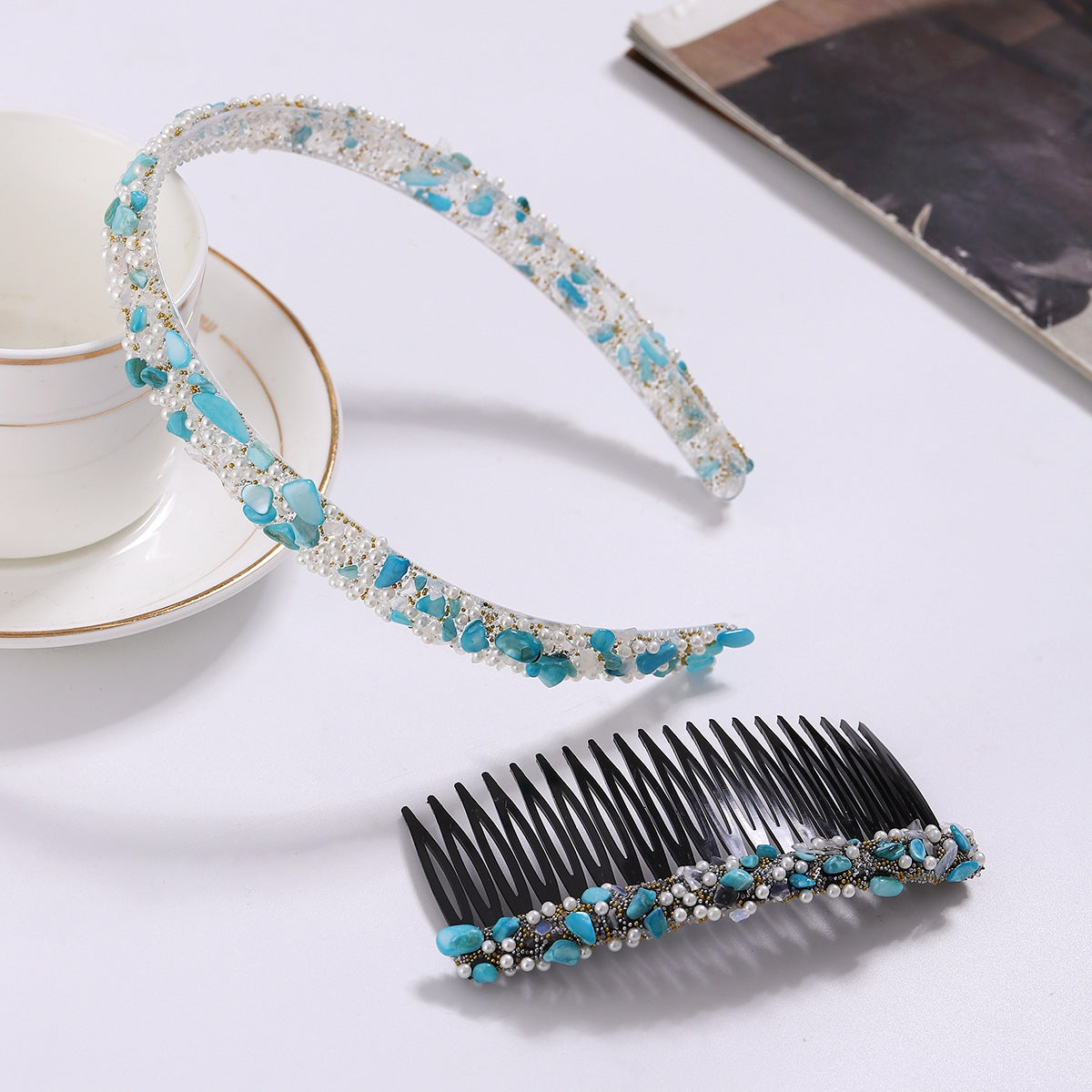 Women's Colorful Stone Hair Band with Artificial Pearl Inlay and Floral Plastic Hair Combs