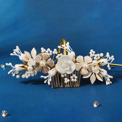 Women's Vintage Floral Pearl Hair Comb with Ceramic Accents