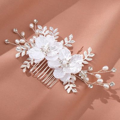 Women's Retro Handmade Flower Acrylic Metal Hair Comb and Bridal Jewelry Set with Rhinestones and Pearls