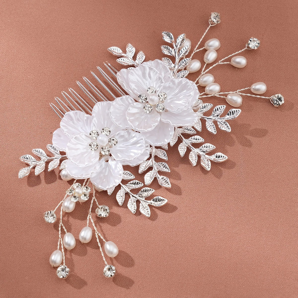 Women's Retro Handmade Flower Acrylic Metal Hair Comb and Bridal Jewelry Set with Rhinestones and Pearls