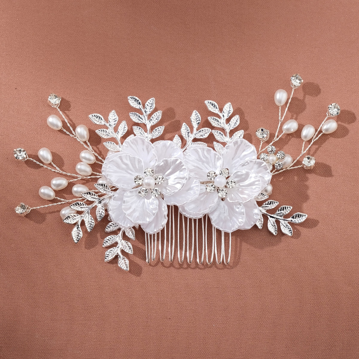 Women's Retro Handmade Flower Acrylic Metal Hair Comb and Bridal Jewelry Set with Rhinestones and Pearls