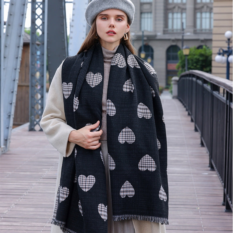 Women's Heart Print Mid-length Warm Scarf - Autumn Winter Fashion Accessory