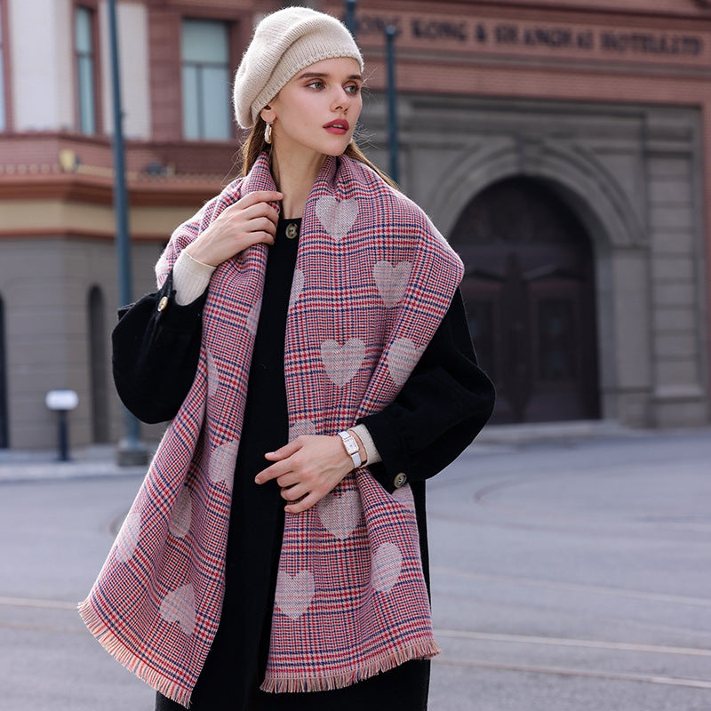 Women's Heart Print Mid-length Warm Scarf - Autumn Winter Fashion Accessory