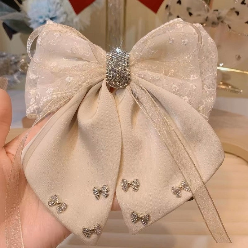 Women's Elegant Satin Bow Hair Clip with Rhinestones and Lace Detailing