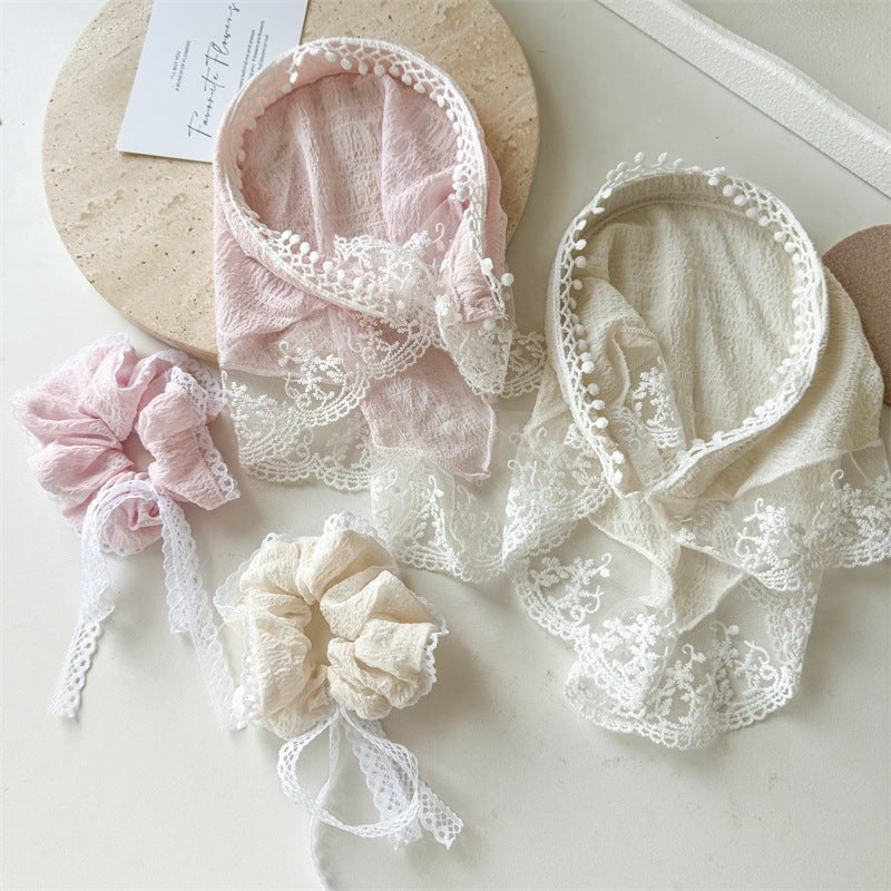 Women's Classic Color Block Hair Accessories Set: Lace Headband, Bow Scrunchie, and Triangle Scarf