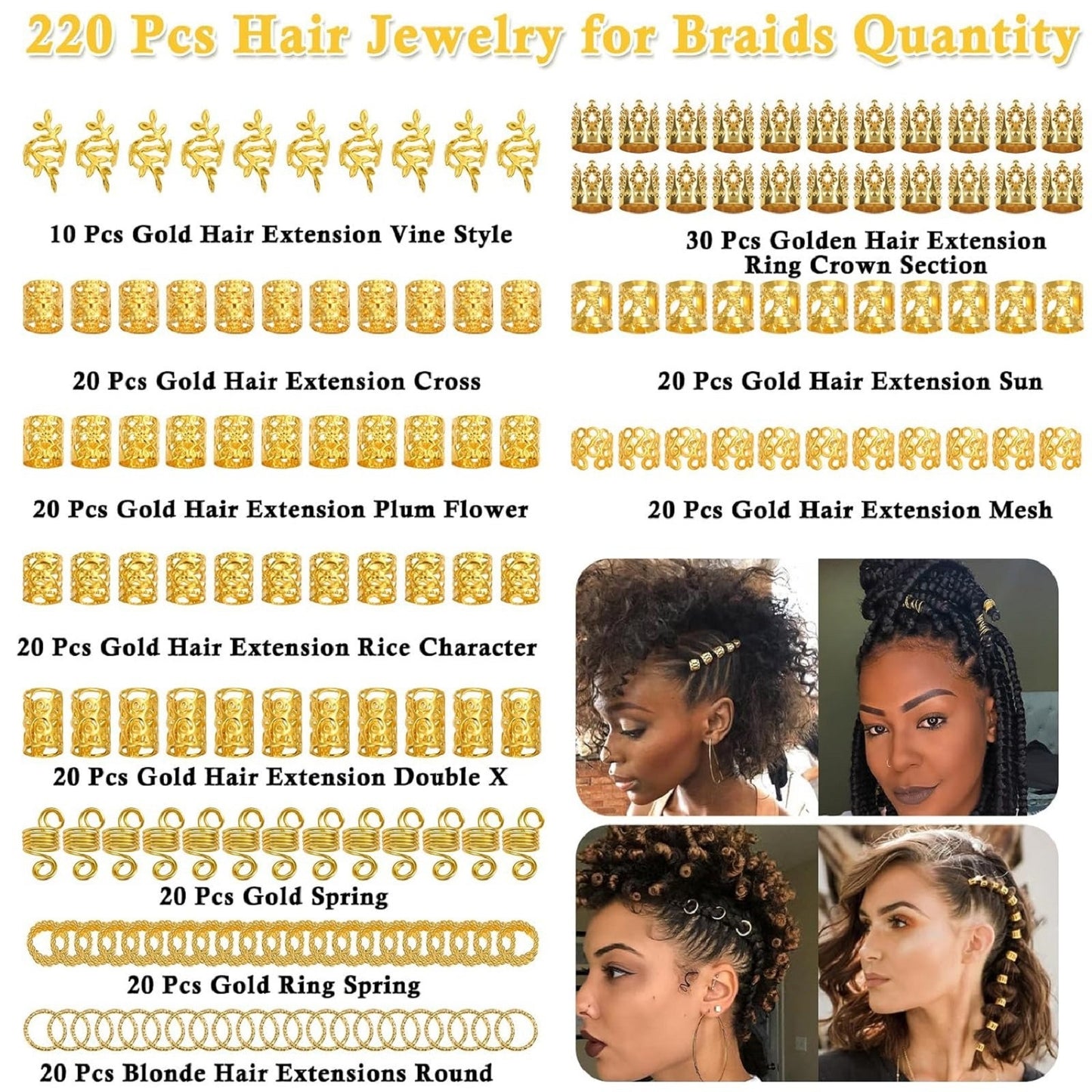 Women's Classic Dreadlocks Hair Rings Set - 220pcs Metal Hair Accessories for Braids