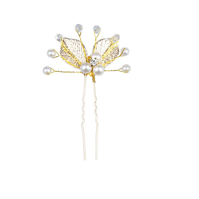 Women's Classic Leaf Pearl Hairpin - Gold U-Shaped Hair Fork with Crystal Accents