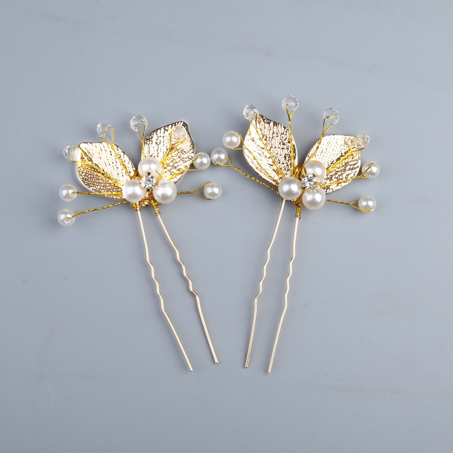 Women's Classic Leaf Pearl Hairpin - Gold U-Shaped Hair Fork with Crystal Accents