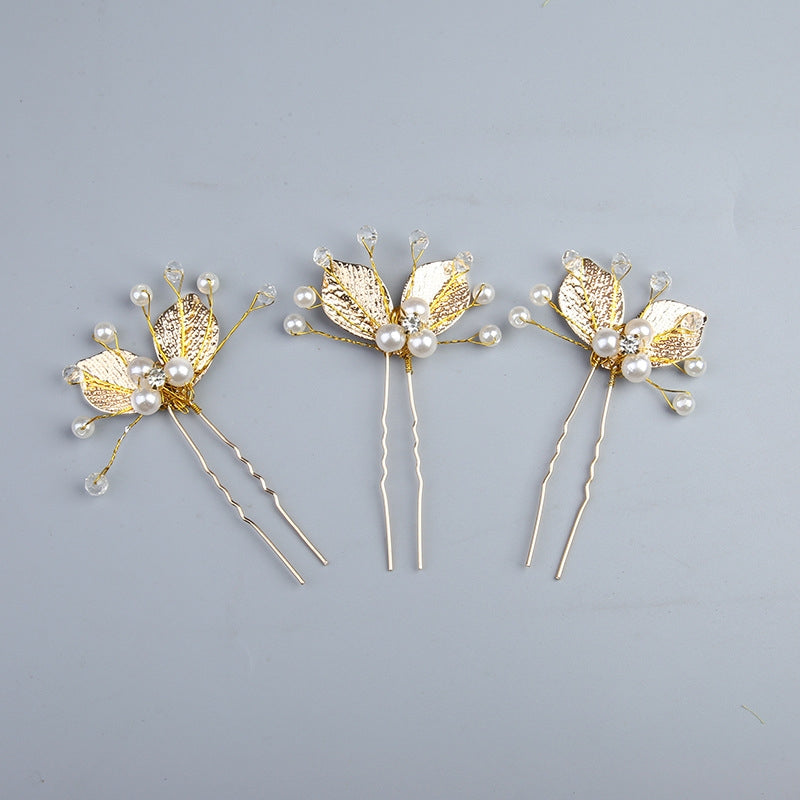 Women's Classic Leaf Pearl Hairpin - Gold U-Shaped Hair Fork with Crystal Accents