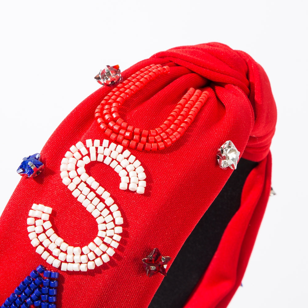 Women's Classic Letter Star Beaded Rhinestone Hairband - USA Flag Design