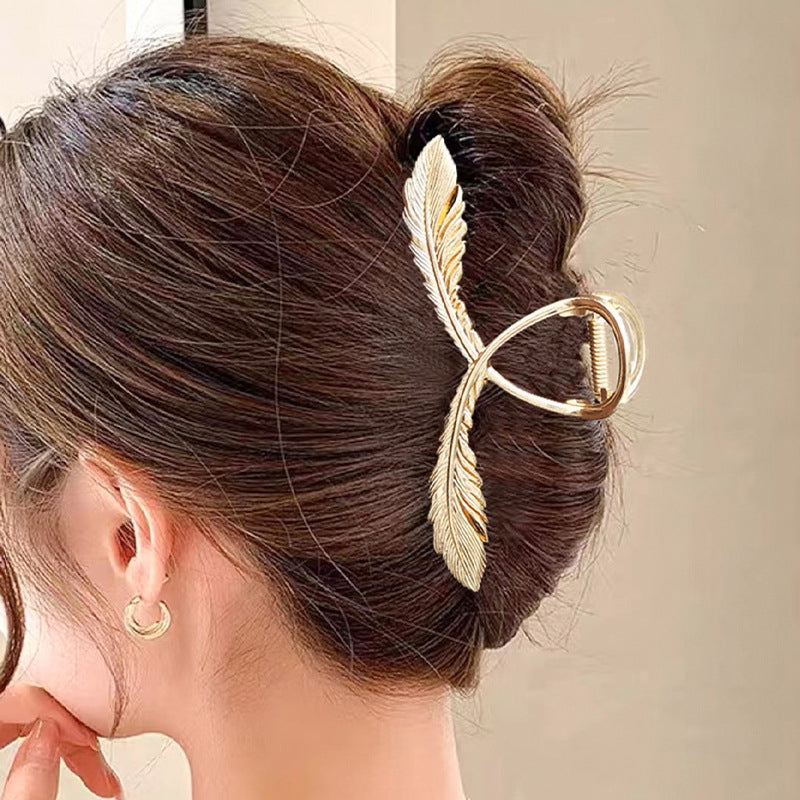 Women's Elegant Feather Metal Hair Claw Clip - Large Korean Style Ponytail Grip