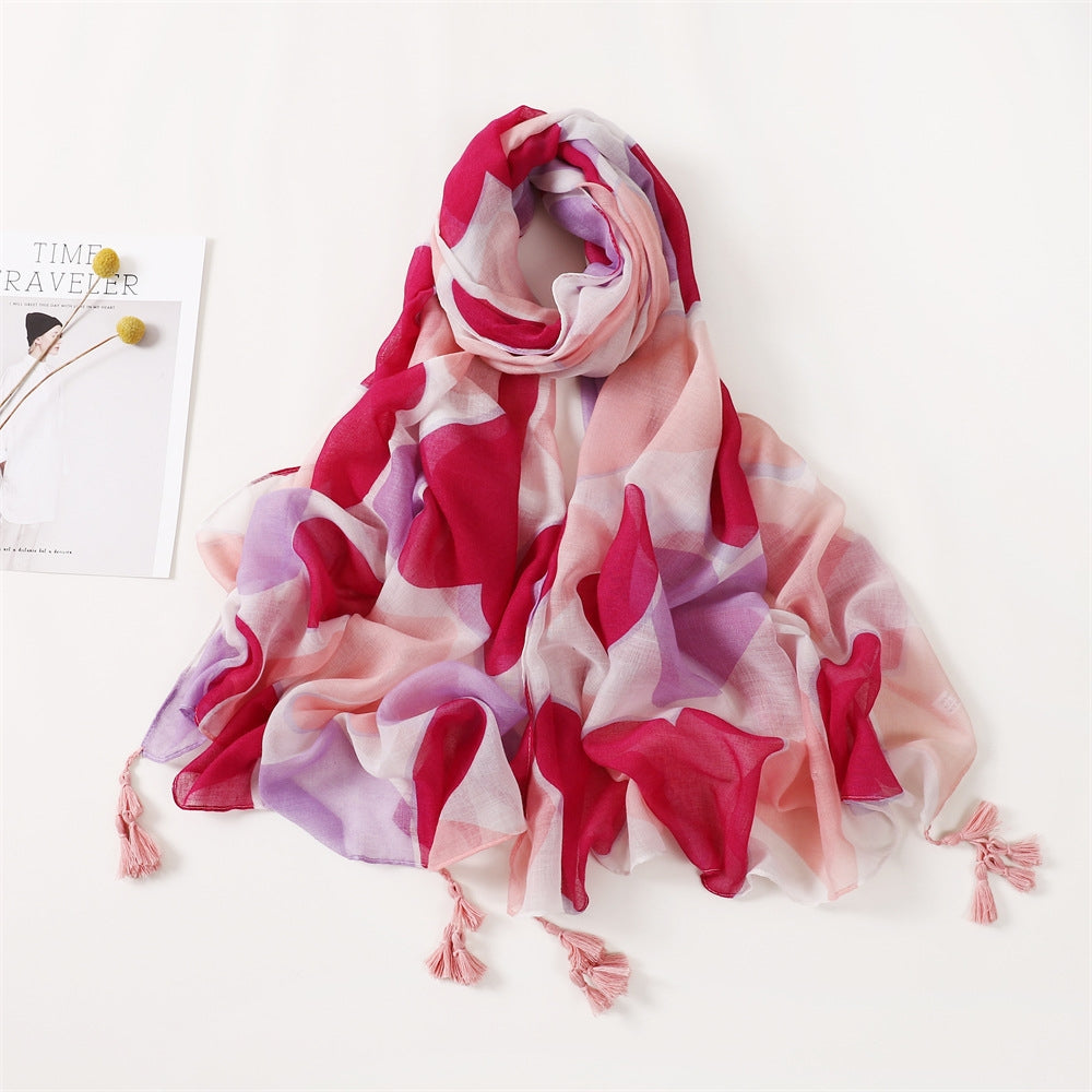 Women's Elegant Ink Painting Heart Print Cotton Linen Tassel Scarf Shawl