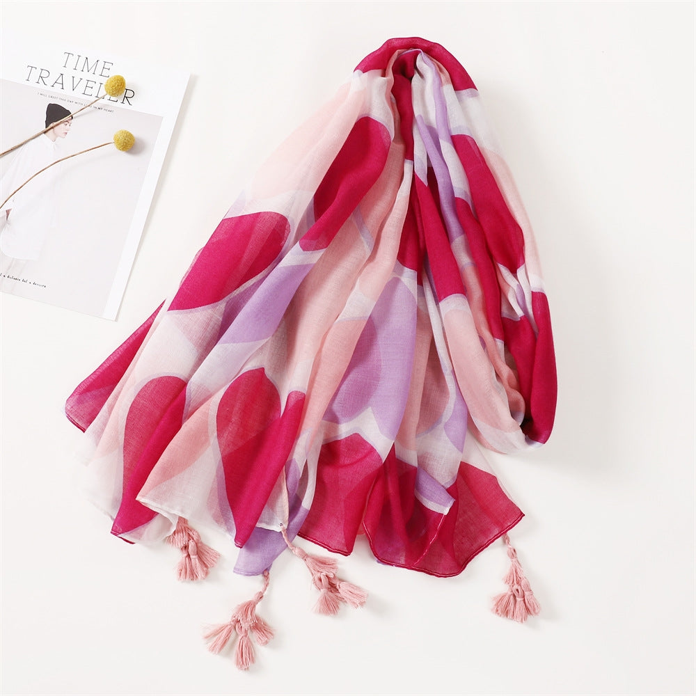 Women's Elegant Ink Painting Heart Print Cotton Linen Tassel Scarf Shawl