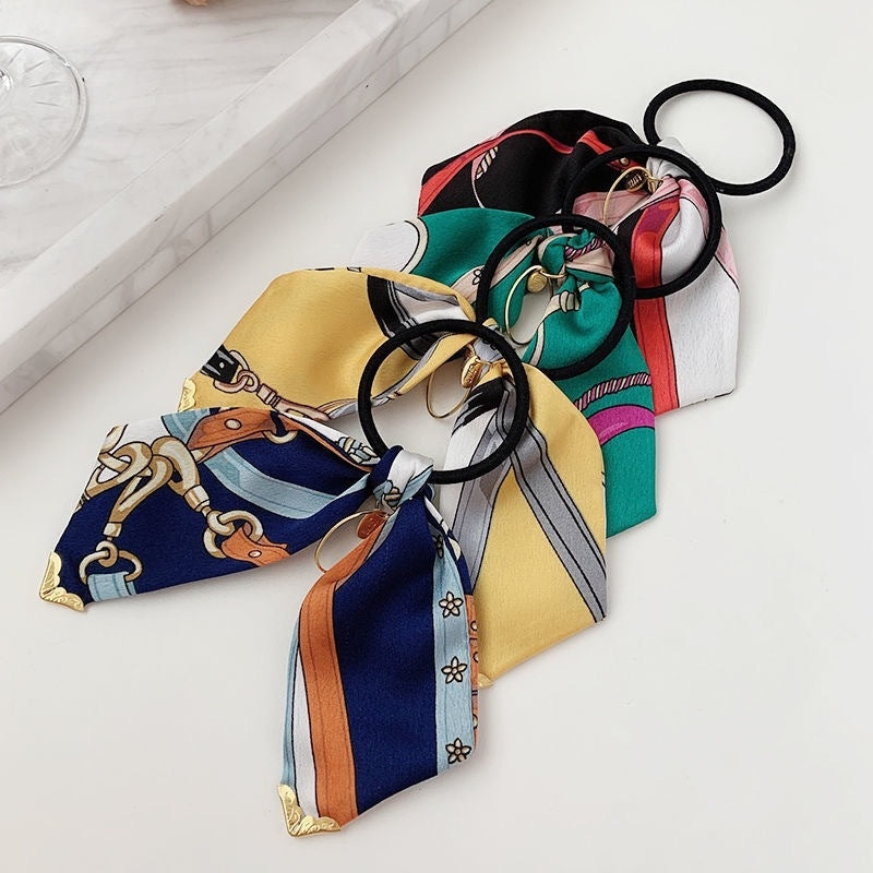 Women's Elegant Printed Hair Tie with Silk Scarf Bow