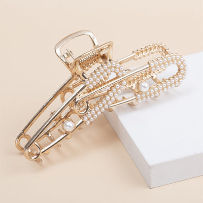 Women's Elegant Metal Plated Pearl Hair Claw Clip