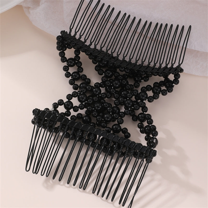 Women's Solid Color Resin Beaded Hair Comb - Versatile Pearl Magic Hair Accessory