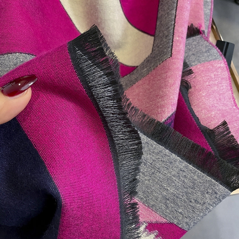 Women's Geometric Color Block Imitation Cashmere Tassel Scarf Shawl