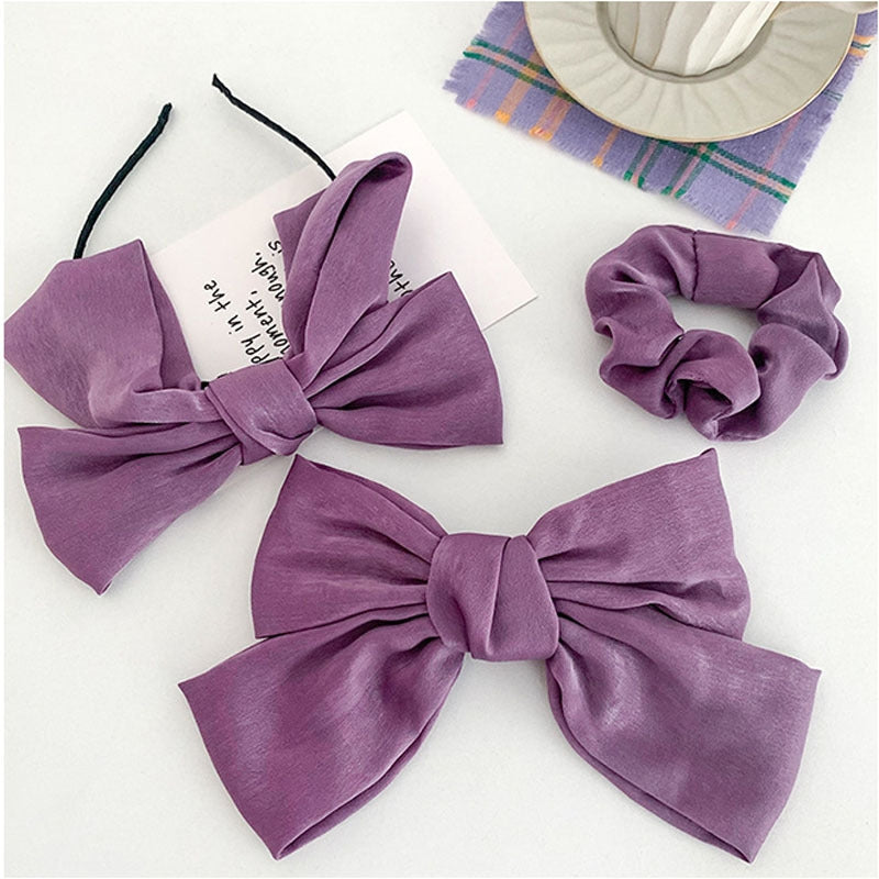 Women's Bow Knot Hair Clip and Satin Hair Band Set - Purple Hair Accessories Collection