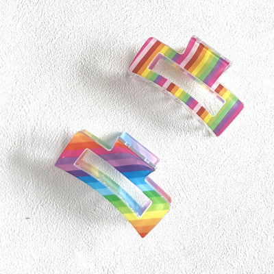 Women's Colorful Handmade Hair Claw Clips - Korean Style Rainbow Stripe Square Hairpin