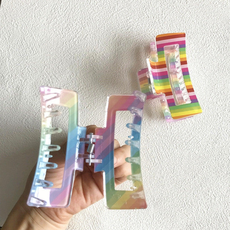 Women's Colorful Handmade Hair Claw Clips - Korean Style Rainbow Stripe Square Hairpin