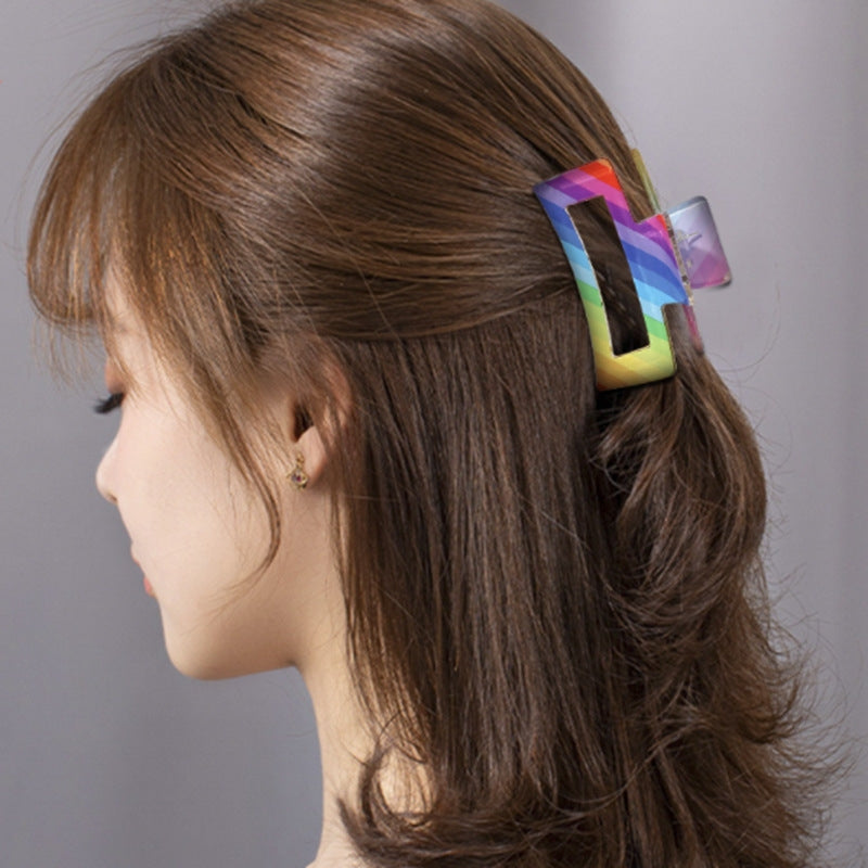Women's Colorful Handmade Hair Claw Clips - Korean Style Rainbow Stripe Square Hairpin