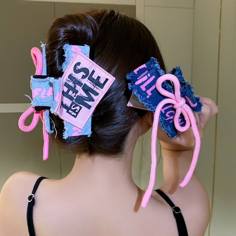 Women's Sweet Bow Knot Acrylic Alloy Hair Claw Clip - Versatile Denim Letter Shark Hair Accessory