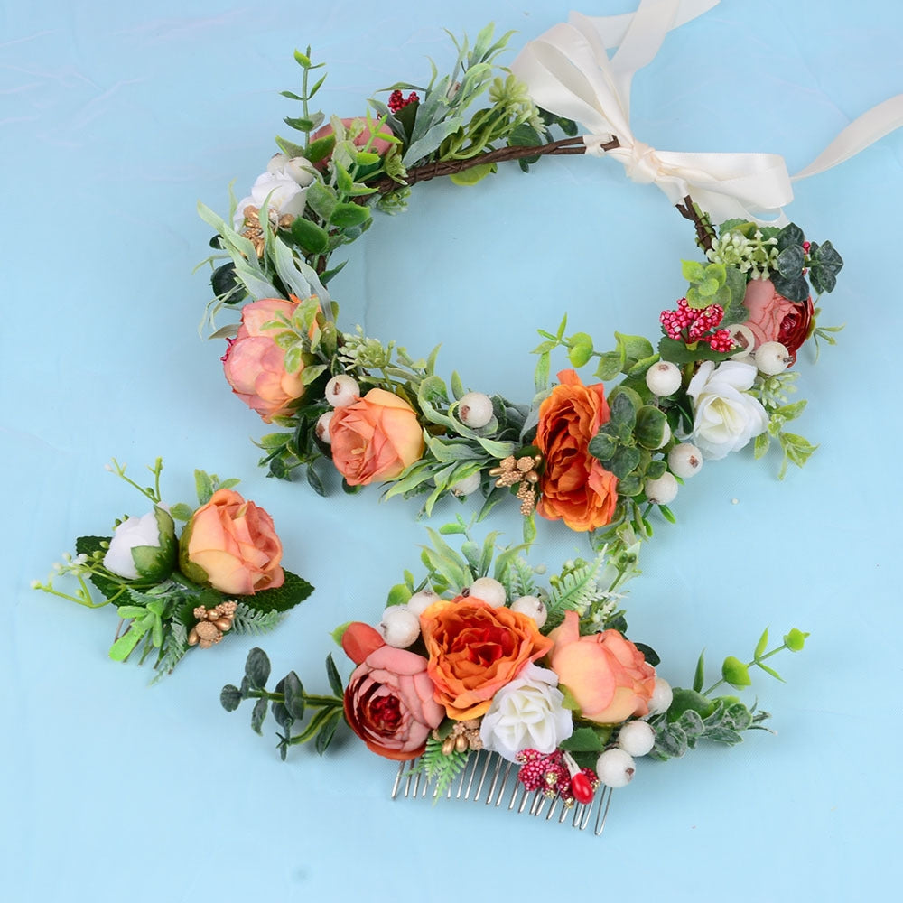 Women's Floral Wreath Hair Comb - Handmade Bridal Headpiece and Travel Accessory