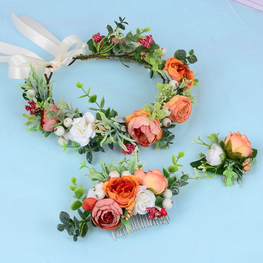 Women's Floral Wreath Hair Comb - Handmade Bridal Headpiece and Travel Accessory