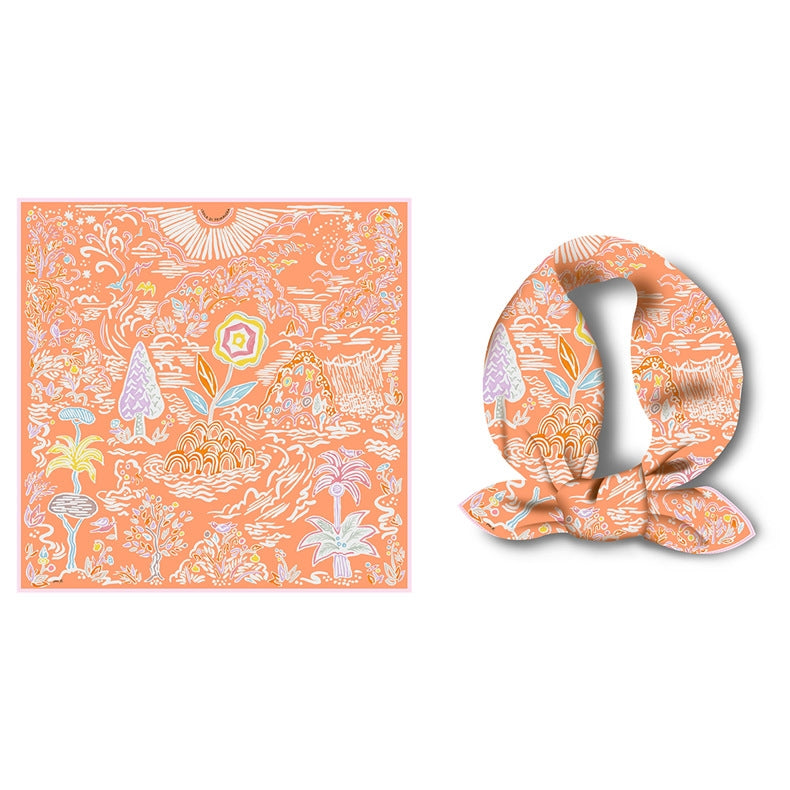 Women's Pastoral Print Silk Scarf - 53cm Square Neck Scarf for Spring and Summer