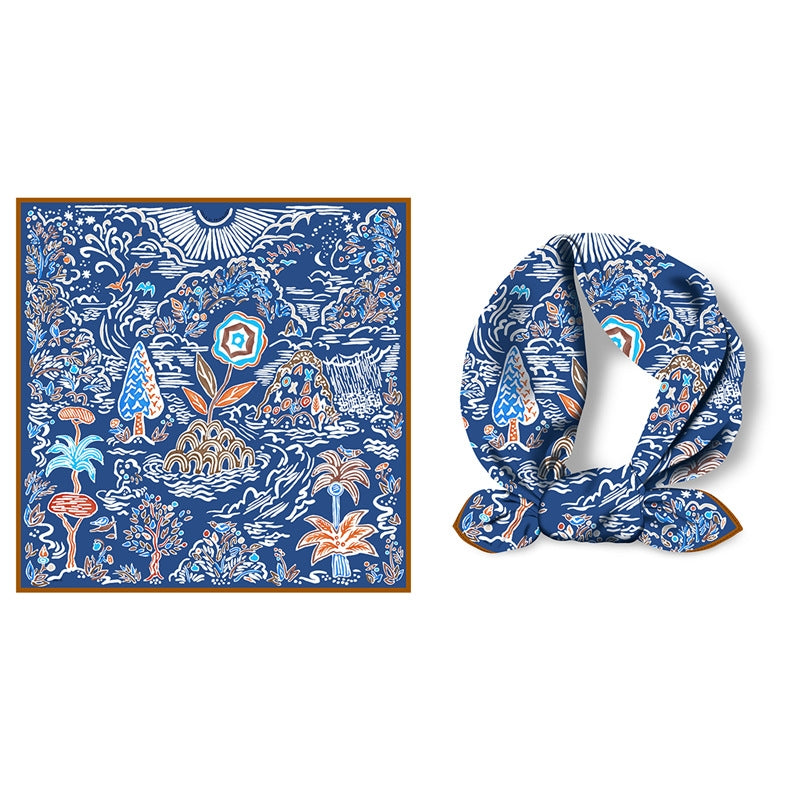 Women's Pastoral Print Silk Scarf - 53cm Square Neck Scarf for Spring and Summer