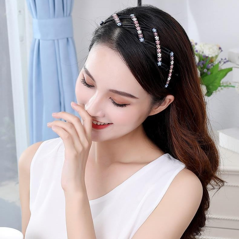 Women's Shiny Flower Acrylic Rhinestone Pearl Hair Band with Stretchable Teeth Headband