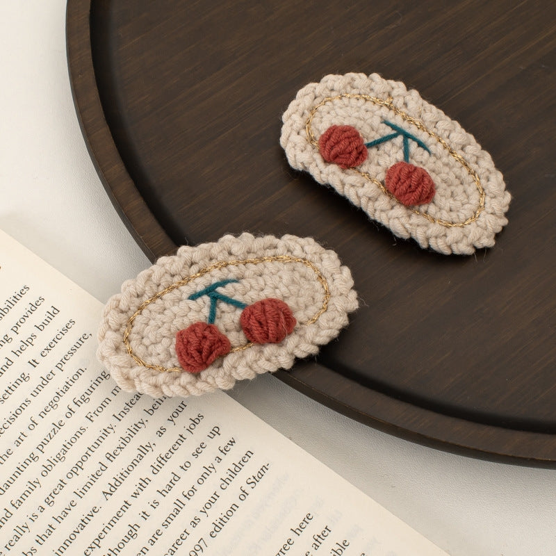 Women's Cherry Yarn & Woolen Hair Clip - Handmade Crochet Korea Hair Accessories