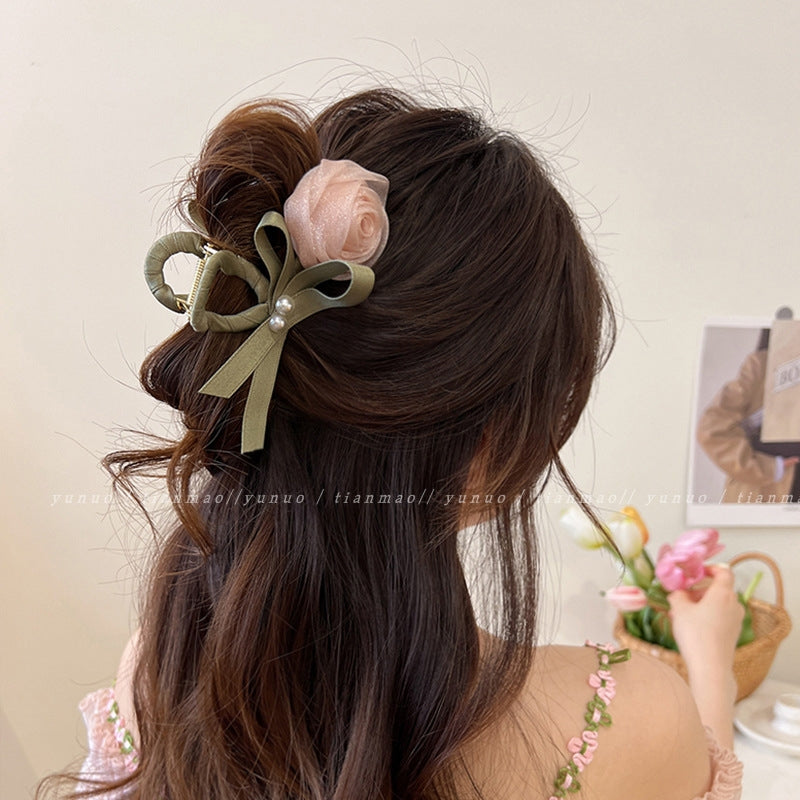 Women's Rose Alloy Gauze Hair Claw Clip - Delicate Handmade 2024 Hairpin with Shark Clip Headpiece