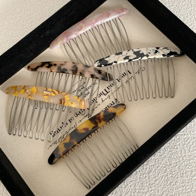Vintage Geometric Color Block Acetate Hair Comb & Plaid Marble Hairpin Set
