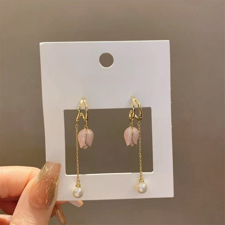 Cute Flower Tassel Drop Earrings with Tulip Pearl Design