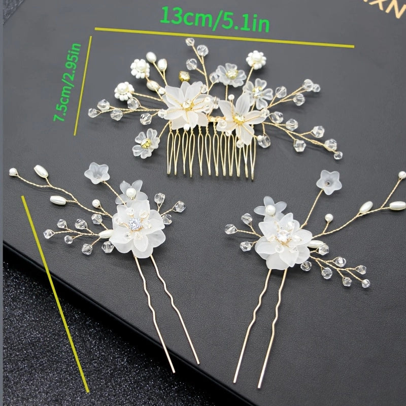 Handmade Bridal Pearl Flower Hair Comb and Pin Set for Wedding Accessories