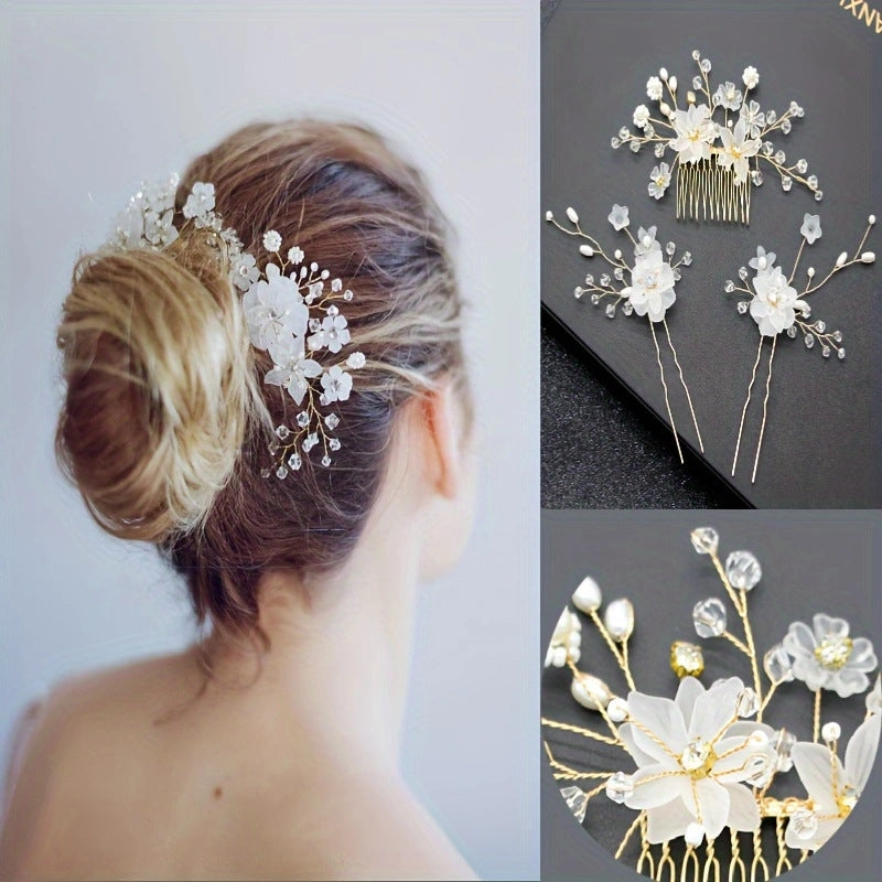 Handmade Bridal Pearl Flower Hair Comb and Pin Set for Wedding Accessories