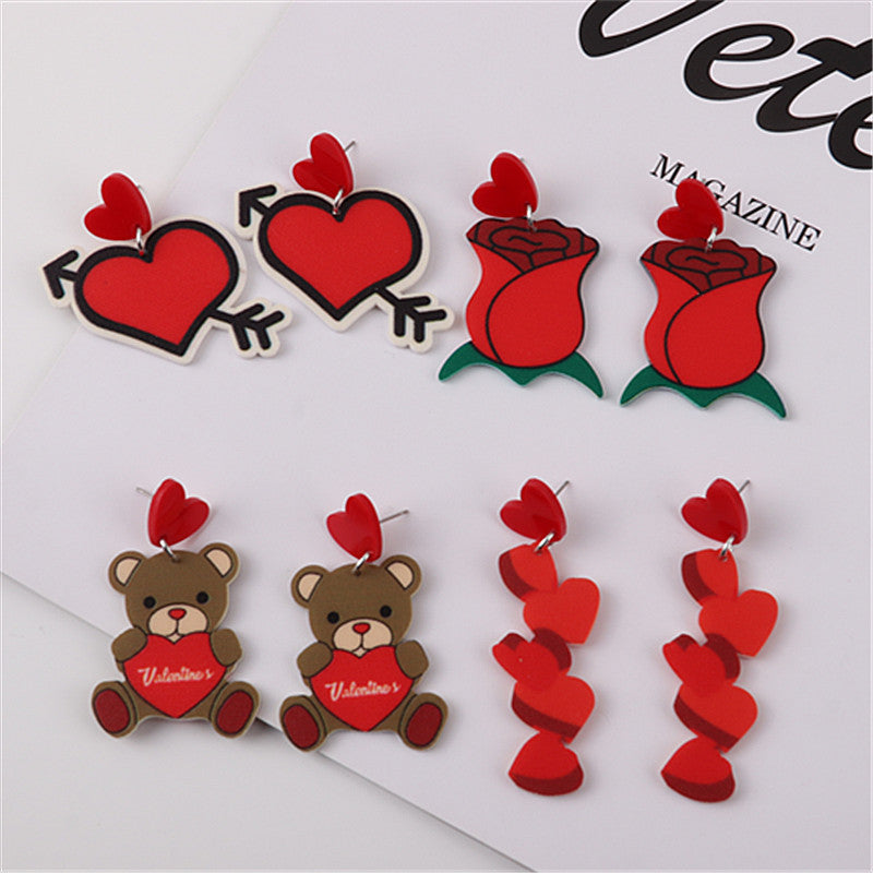 1 Pair Cute Bear Heart Shape Rose Arylic Christmas Valentine'S Day Women'S Drop Earrings